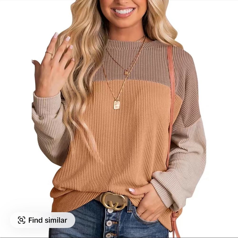 Khaki Crewneck Sweater with Modern Colorblock Design